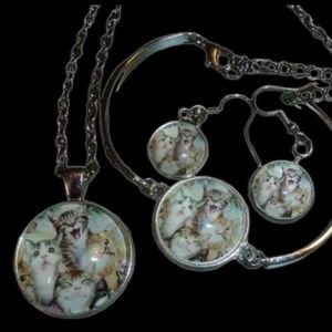 Glass Cabochon Jewelry Set, Funny Cats, Silver Earrings Bracelet & Necklace, New